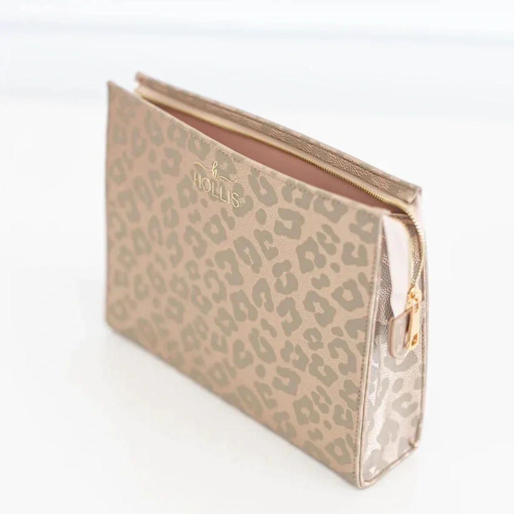 NWT Hollis Leather Leopard Print Accessory Pouch Zippered 10”x7.5” Travel Bag - Picture 2 of 15